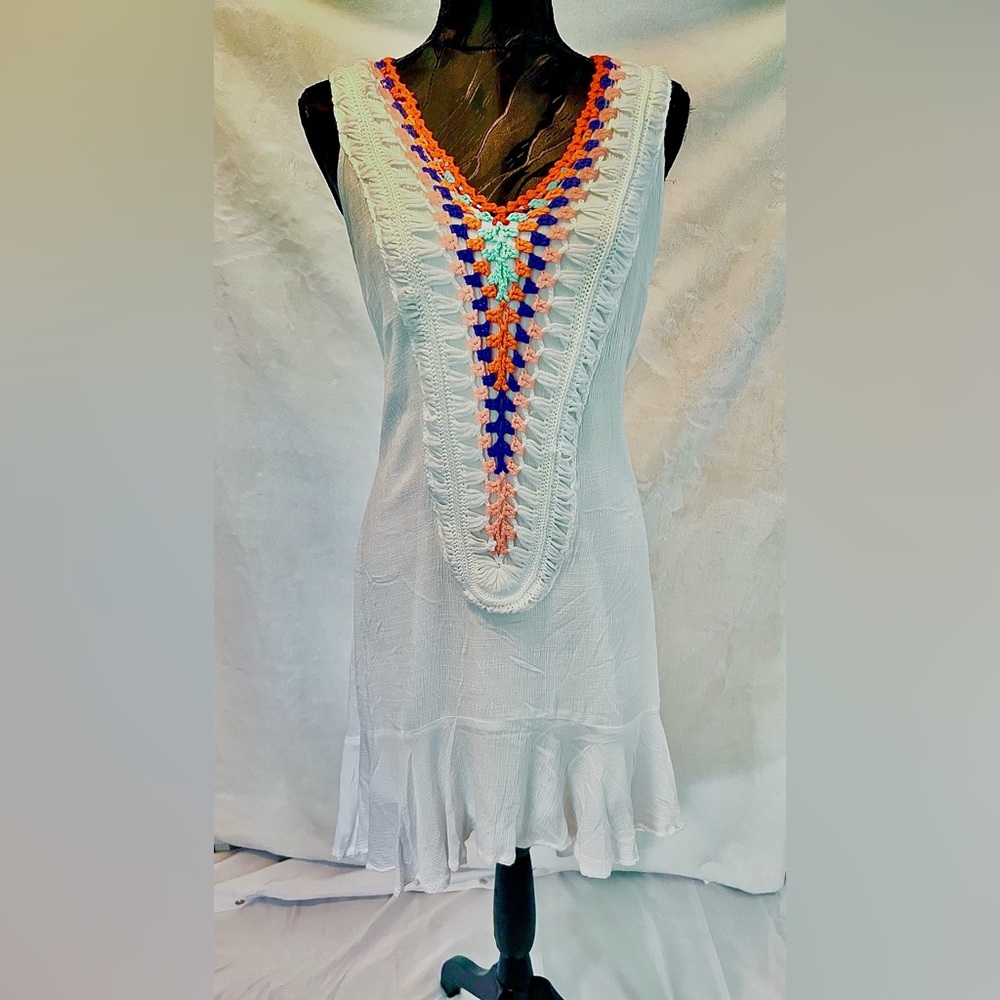 White Dress with Colorful Crochet Detail
